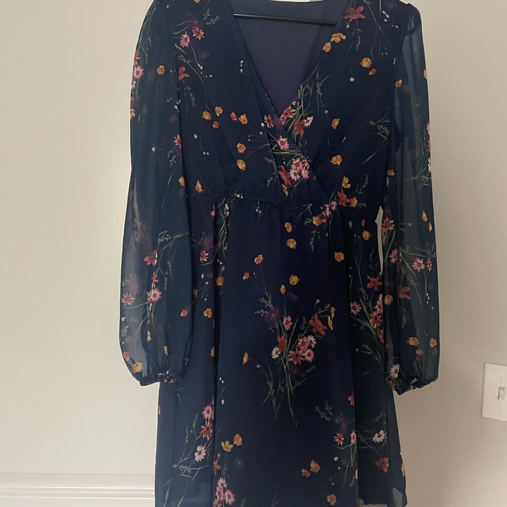 Cupshe Navy Floral Long Sleeve Wrap Dress